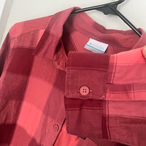 Columbia Flannel Shirt Pink Mauve Button Down Long Sleeve Plaid Fall Top Large - Picture 5 of 5